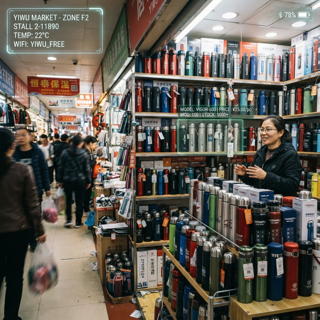 AI 眼镜第一视角:采购商正在看保温杯
